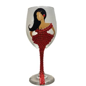 Diva Wine Glass, Long Hair, Large 20oz Decorated Wine Glass, Black, Brown, Woman Drinking Glass, Gift Favours, Gift Favors, Grant Favors, Unique Birthday Gift, Brown Girl on Wine Glass (Red)