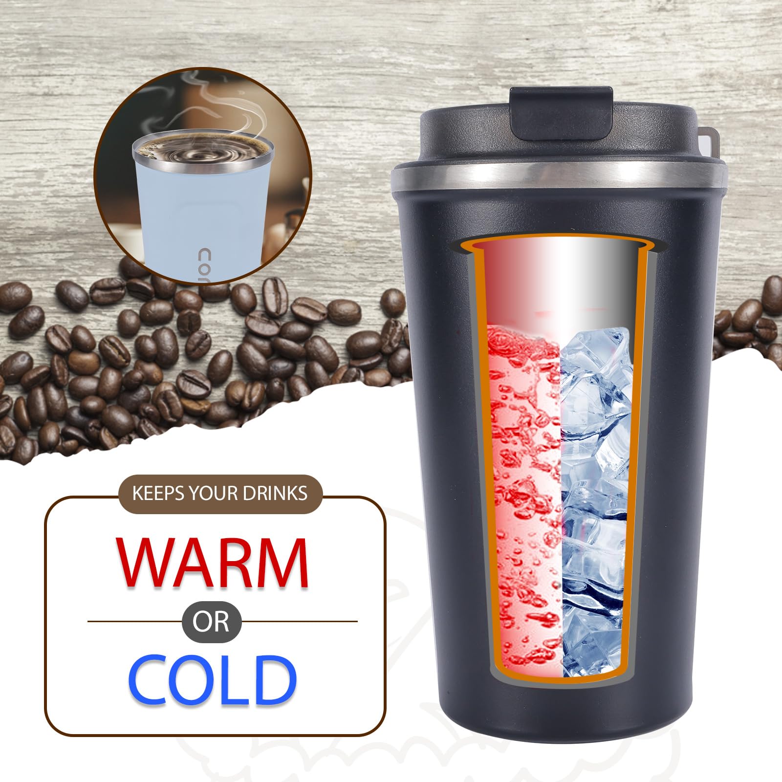 Travel Coffee Mug 16 oz, Insulated Coffee Cups with Lid, Thermos Stainless Steel Coffee Mugs Spill Proof, Double Wall Vacuum Tumbler, Reusable To Go Mug for Hot/Ice Coffee