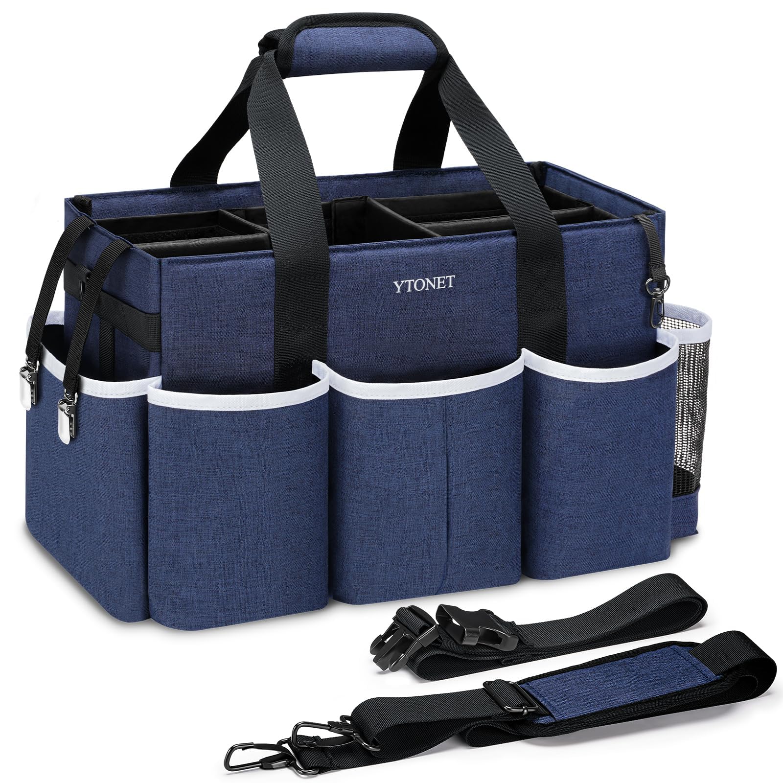 Ytonet Wearable Cleaning Caddy Bag, Large Cleaning Supplies Organizer with 4 Detachable Dividers, Cleaning Caddy Organizer with Handle Shoulder Strap Waist Strap, Cleaning Bags For Housekeepers, Blue