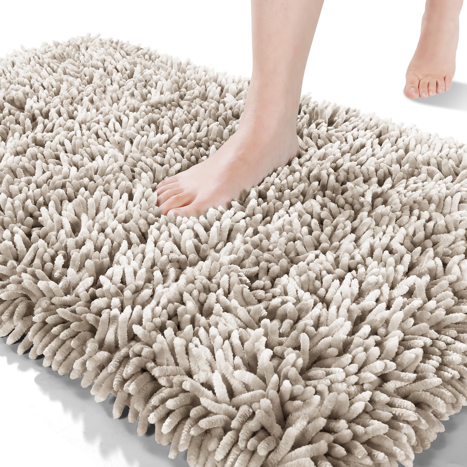 Yimobra Toilet Rugs U Shaped, Luxury Chenille Extra Thick U-Shaped Toilet Rug, Non-Slip Contour Mat for Bathroom Floor, Fluffy Soft, Absorbent Water, Machine Washable, 24.4 x 20.4 Inch, Khaki