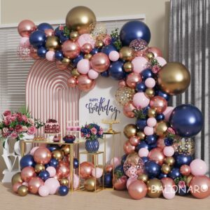 navy blue rose gold pink gold confetti latex balloons with 140pcs 18/10/5/inch metallic chrome balloons for gender reveal birthday party wedding graduation bridal shower decorations (navy blue)