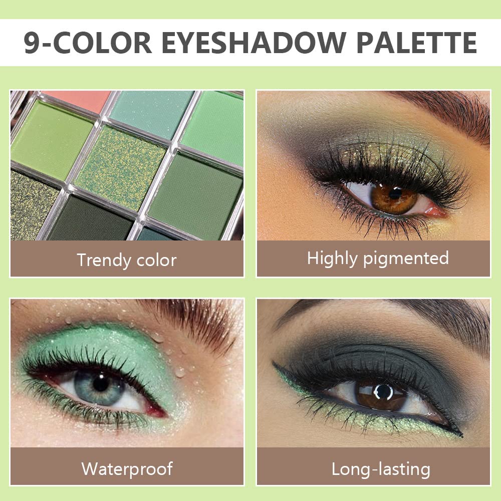 CAKAILA 9 Colors Green Highly Pigmented Colorful Eyeshadow Palette,Matte Shimmer Forest Emerald Green Eye Shadow Makeup Palettes,Long Lasting Waterproof Eye Makeup Palette