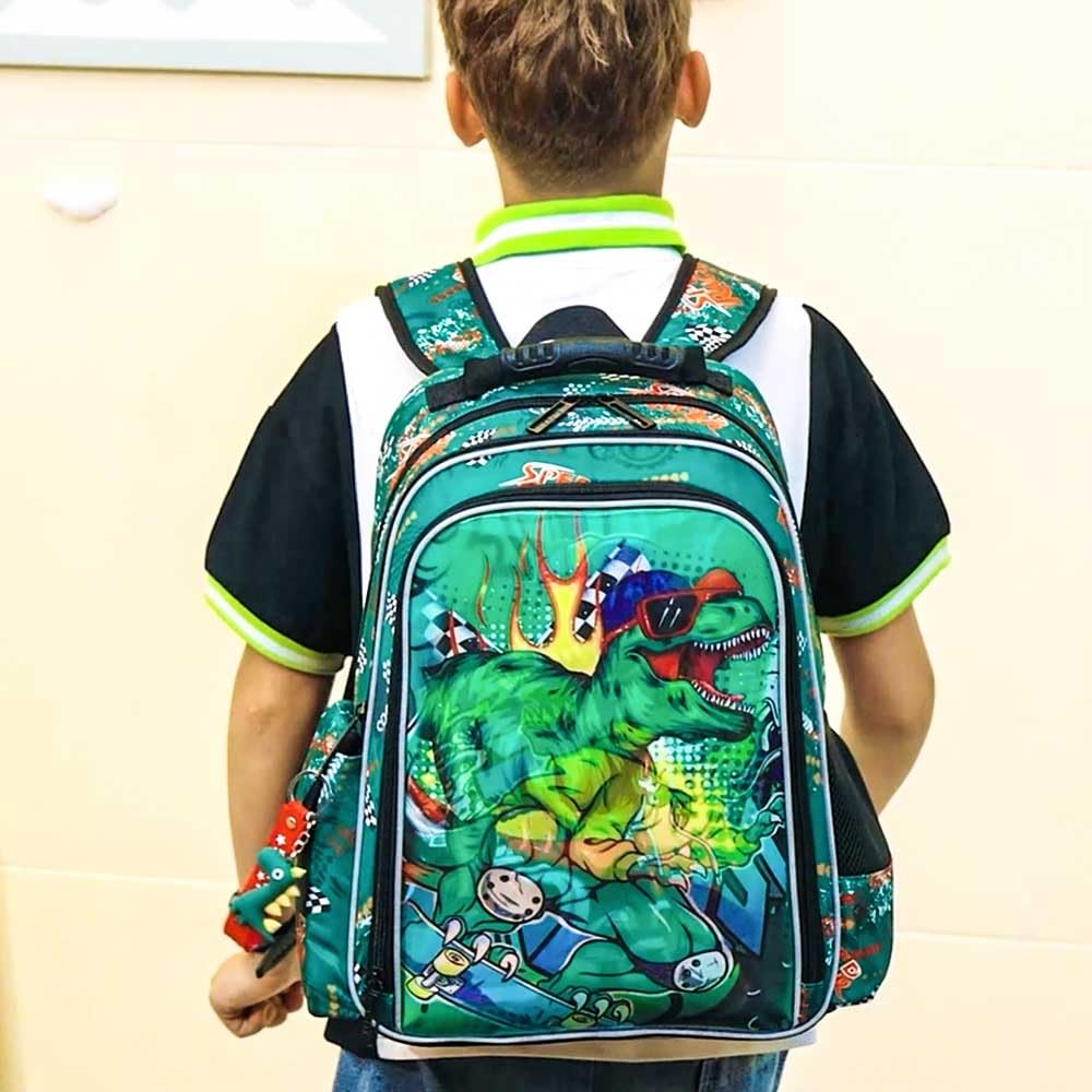 KLFVB 3PCS Dinosaur Backpack for Boys, 16" Kids Bookbag and Lunch Box, Water Resistant 3D Preschool Backpacks for Elementary Students