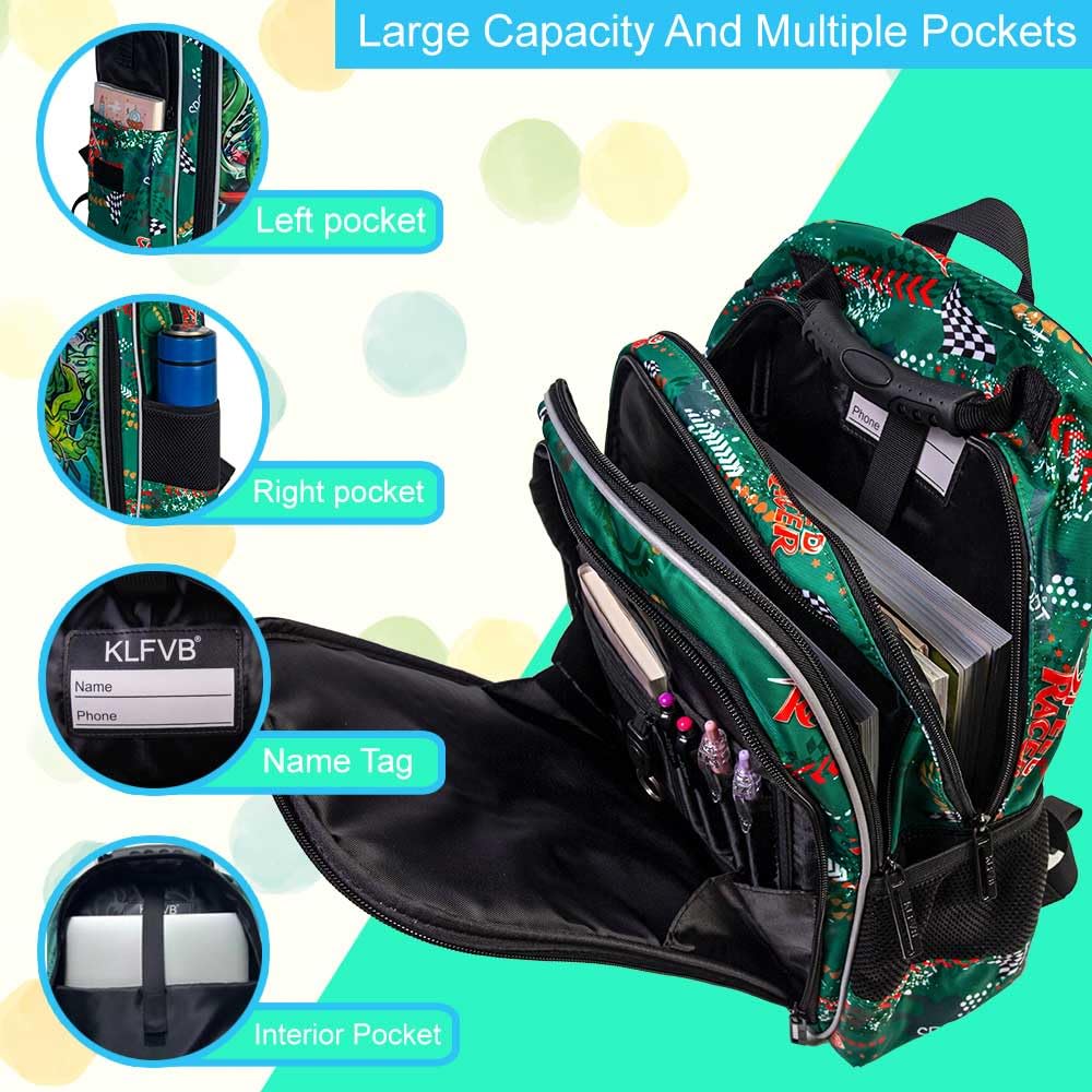 KLFVB 3PCS Dinosaur Backpack for Boys, 16" Kids Bookbag and Lunch Box, Water Resistant 3D Preschool Backpacks for Elementary Students
