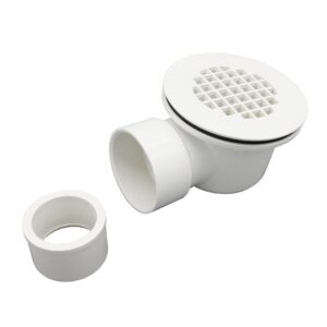 2" low profile shower drain with 2" x 1-1/2" reducer pipe fitting and perforated strainer- pvc side outlet drain assembly for replacement shower base and drain