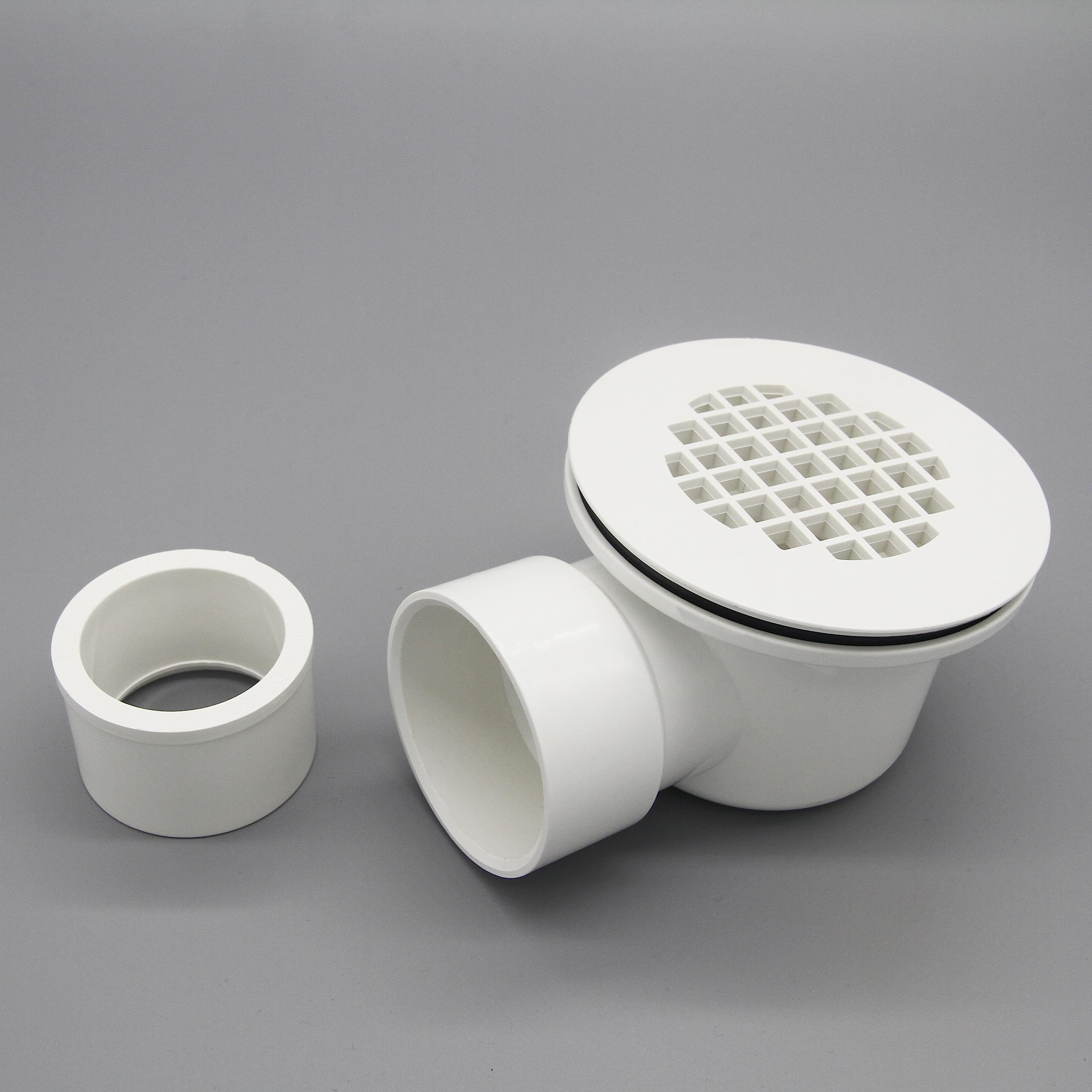 2" Low Profile Shower Drain with 2" x 1-1/2" Reducer Pipe Fitting and Perforated Strainer- PVC Side Outlet Drain Assembly for Replacement Shower Base and Drain