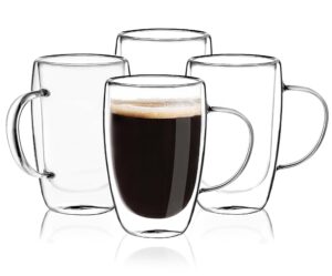 gmfine double wall glass coffee mugs with handle, 16 oz insulated clear espresso cups, cappuccino cups, latte cups, tea cups, and beverage glasses, heat resistant, 4 pack