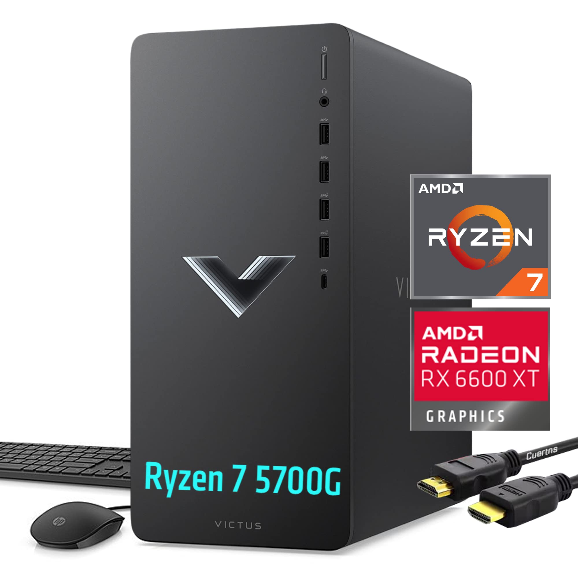 HP 15L Victus Gaming PC, AMD Ryzen 7 5700G(Beat i9-10920X, 4.6 Ghz), 32GB RAM - 2TB PCIe SSD, Radeon RX 6600XT(Beat RTX 3060), Prebuilt Gaming PC Bundle, WiFi 6, 3 DisplayPort, Windows 11 Home, Black