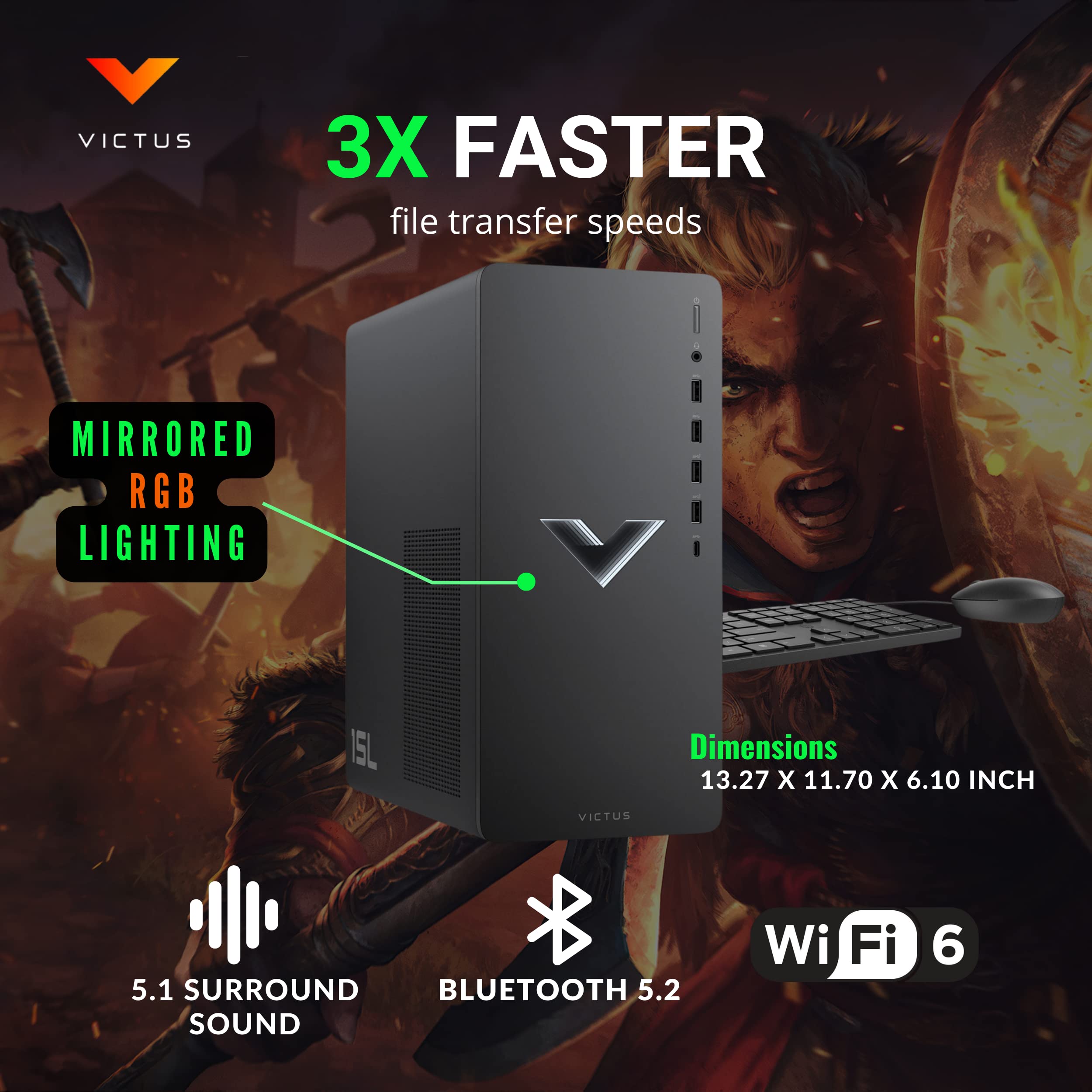 HP 15L Victus Gaming PC, AMD Ryzen 7 5700G(Beat i9-10920X, 4.6 Ghz), 32GB RAM - 2TB PCIe SSD, Radeon RX 6600XT(Beat RTX 3060), Prebuilt Gaming PC Bundle, WiFi 6, 3 DisplayPort, Windows 11 Home, Black