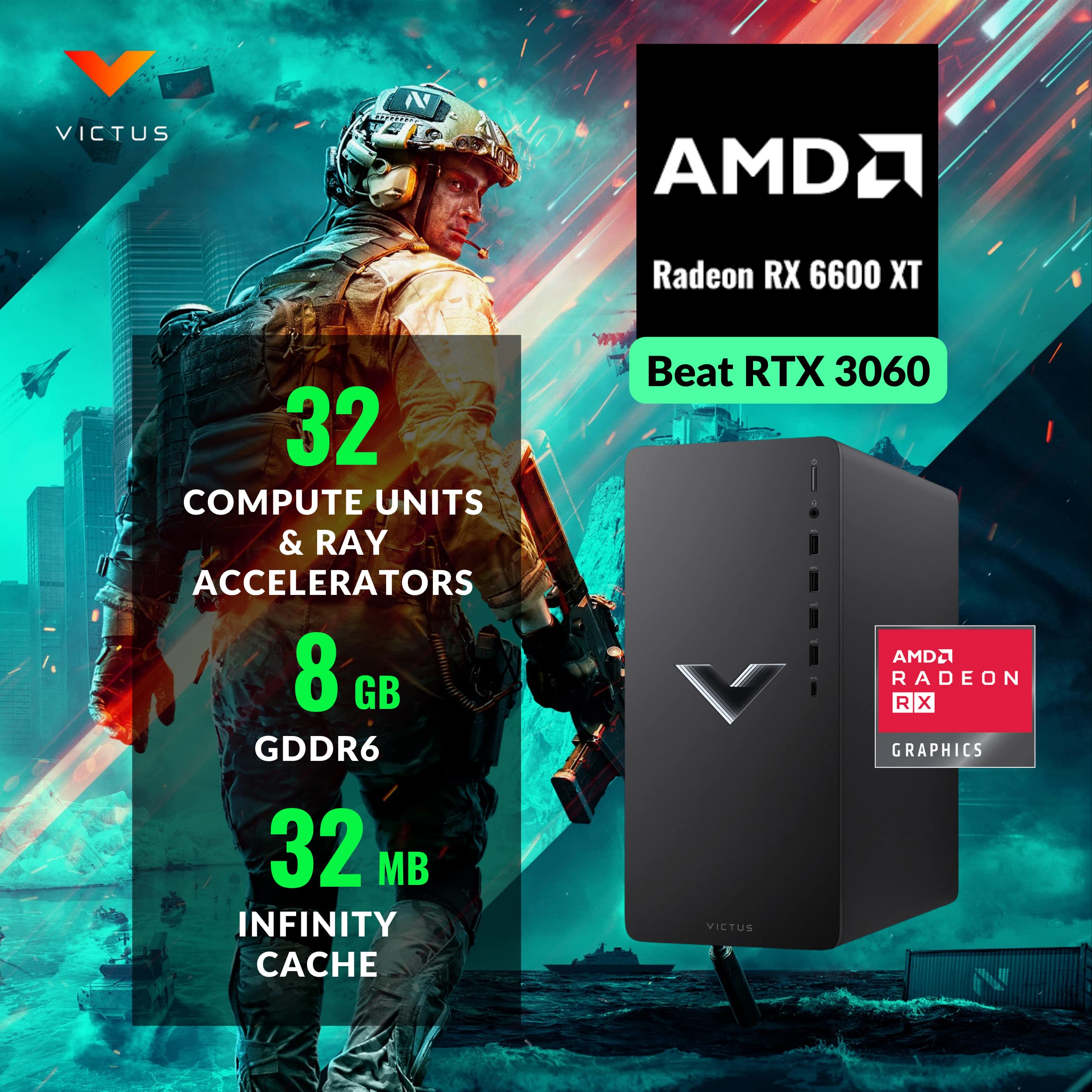 HP 15L Victus Gaming PC, AMD Ryzen 7 5700G(Beat i9-10920X, 4.6 Ghz), 32GB RAM - 2TB PCIe SSD, Radeon RX 6600XT(Beat RTX 3060), Prebuilt Gaming PC Bundle, WiFi 6, 3 DisplayPort, Windows 11 Home, Black