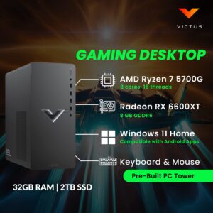 HP 15L Victus Gaming PC, AMD Ryzen 7 5700G(Beat i9-10920X, 4.6 Ghz), 32GB RAM - 2TB PCIe SSD, Radeon RX 6600XT(Beat RTX 3060), Prebuilt Gaming PC Bundle, WiFi 6, 3 DisplayPort, Windows 11 Home, Black