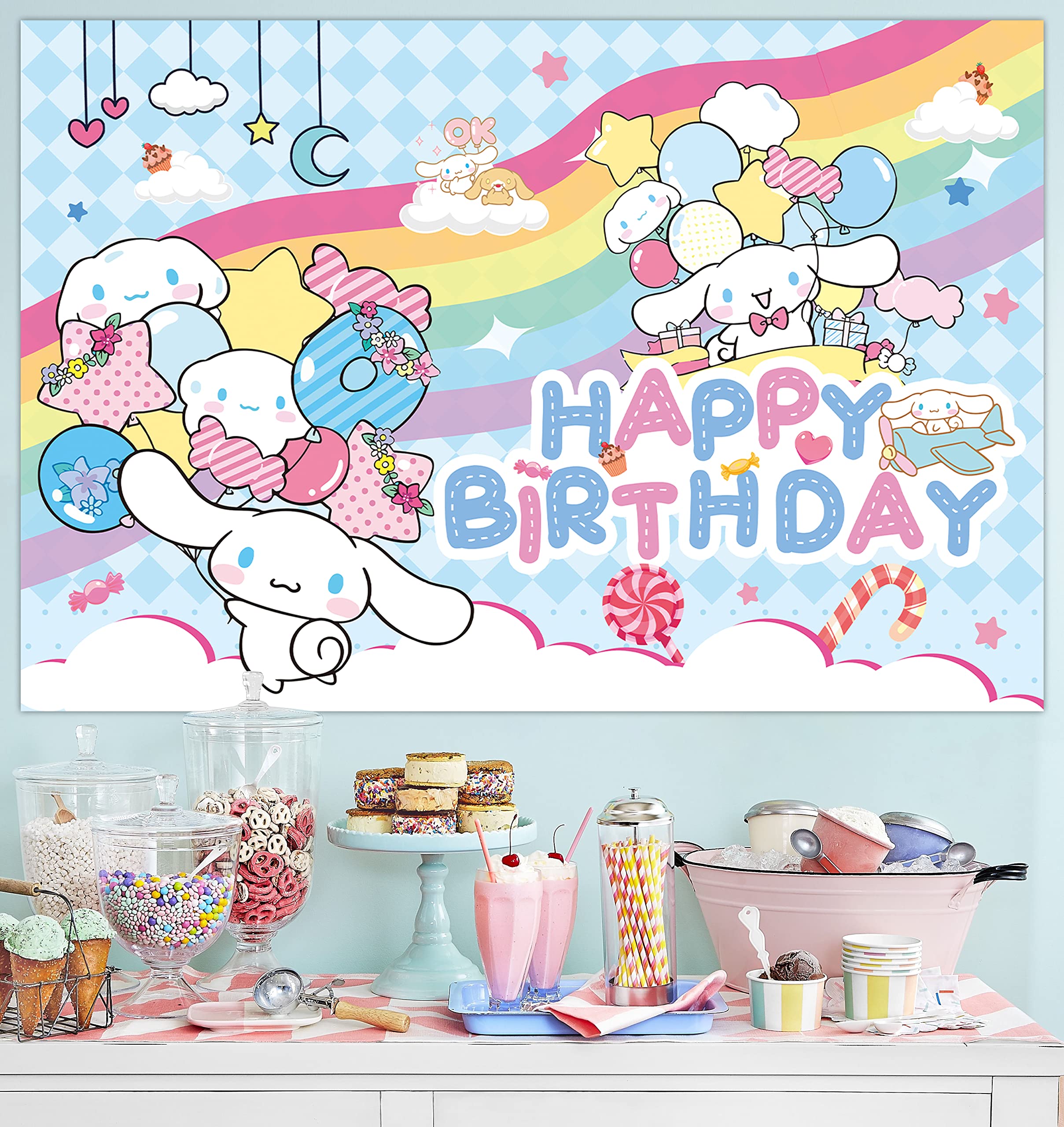 Cute Cartoon Party Supplies, 5 * 3FT Kids Cartoon Backdrop for Birthday, Happy Birthday Backdrop for Party Decorations, Party Favor Banner Decor Photo Background for Girls Boys Birthday Baby Shower