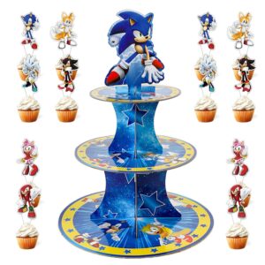cupcake stand for sonic birthday party supplies with 12pcs sonic cake toppers, sonic cupcake holder for birthday decorations,3 tier cupcake stand for 24 cupcakes, blue dessert stand for kids cake