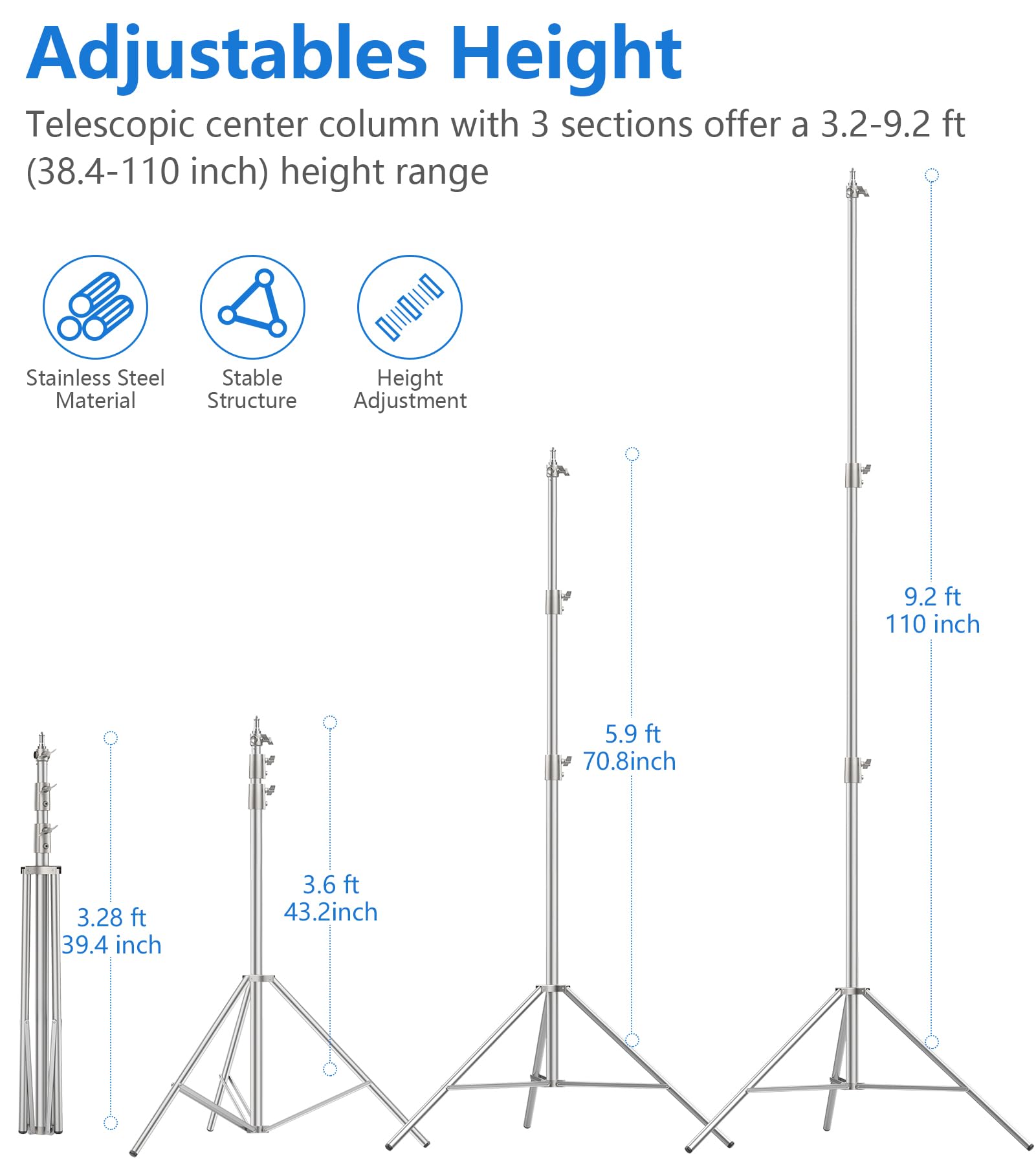 9.2ft/110'' Stainless Steel Light Stand, Sdfghj Heavy Duty Light Stand Photography Tripod with 1/4'' to 3/8'' Screw Adapter for Strobe Flash, LED Ring Light, Monolight, Softbox, Reflector, Speedlight