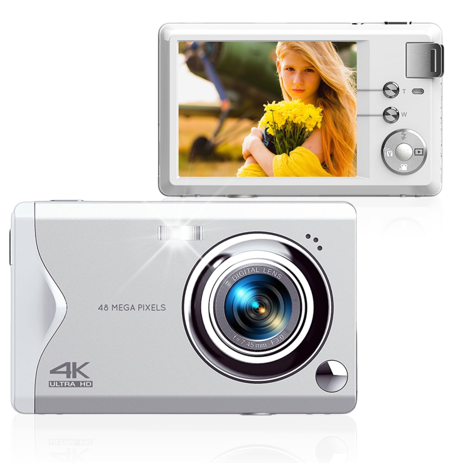 48MP Digital Camera for Photography, 3.0in LCD 4K Vlogging Camera Video Camera, 16X Digital Zoom Anti Shaking Compact Point and Shoot Camera for Teens Beginners Gift (White)