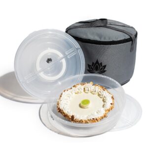 2 pack pie carrier with lid & insulated food carrying case bag - 12" food storage containers for pies, cheesecake, flan, pizza, tortilla & more
