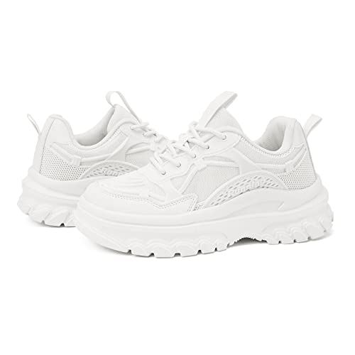 Asiman Women's Chunky Platform Sneakers Platform Lace-Up Lightweight Breathable Mesh Comfortable White Beige Black Pink Sneakers White-1,7