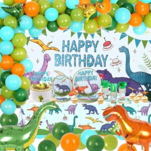 343pcs dinosaur party decorations set (24 guest)- complete kids dinosaur birthday party supplies with dinosaur backdrop, tablecloth, plates, cups, cutlery, balloon arch, decorations, and stickers
