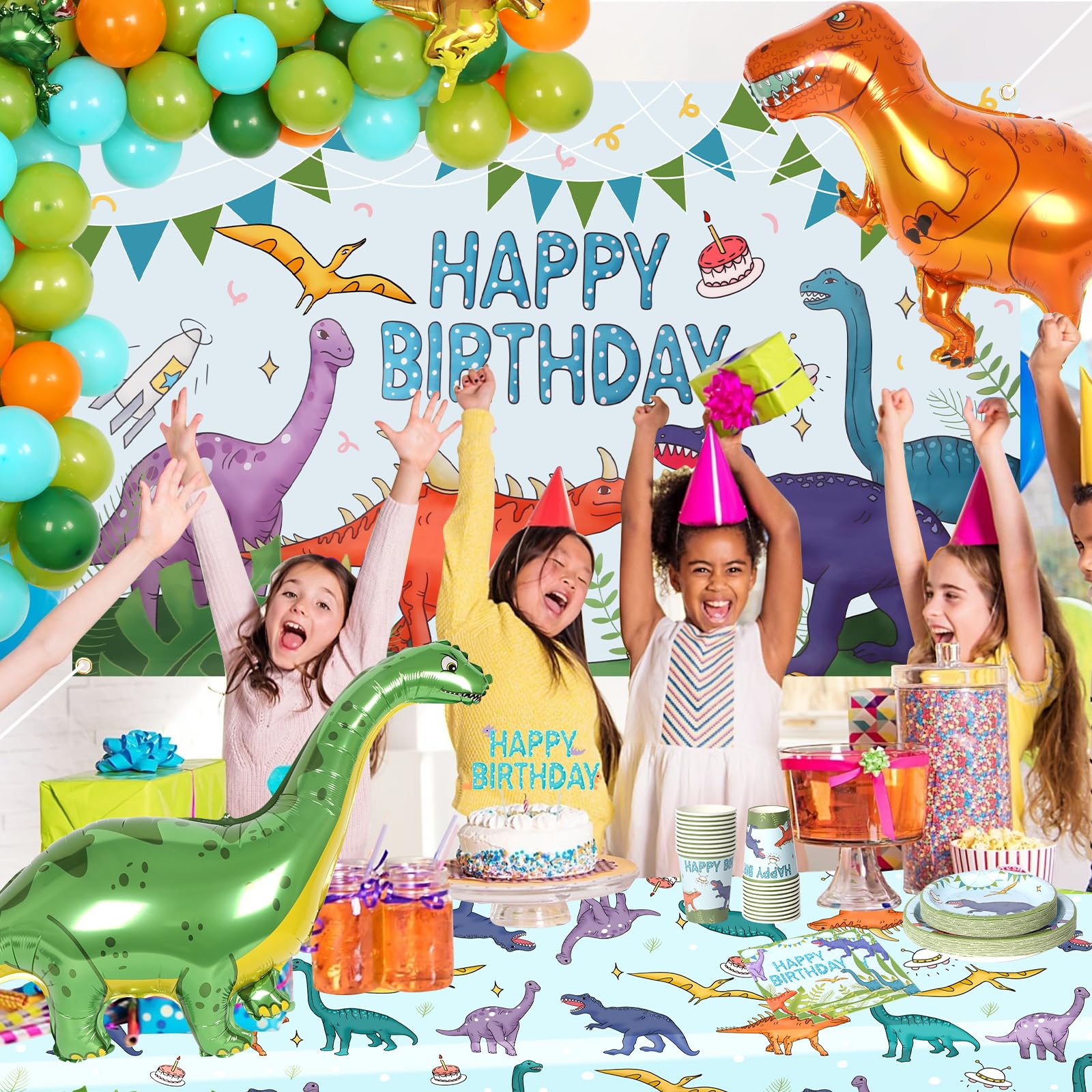 343PCS Dinosaur Party Decorations Set (24 Guest)- Complete Kids Dinosaur Birthday Party Supplies with Dinosaur Backdrop, Tablecloth, Plates, Cups, Cutlery, Balloon Arch, Decorations, and Stickers