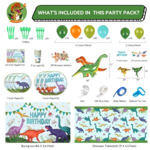 343PCS Dinosaur Party Decorations Set (24 Guest)- Complete Kids Dinosaur Birthday Party Supplies with Dinosaur Backdrop, Tablecloth, Plates, Cups, Cutlery, Balloon Arch, Decorations, and Stickers