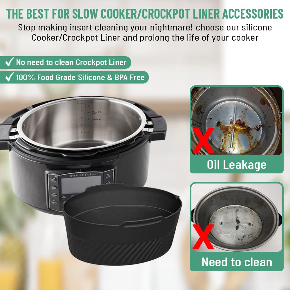 Crock Pot Liner - Silicone, Reusable Food Grade Slow Cookers Liner - Fits Oval CrockPot 6 Quart Slow Cookers and mini crockpot - Leakproof & Dishwasher Safe - Black