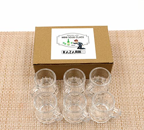 KAZARIKO Korean Shot Glass with Handle Set of 6 or 12, Mini Heavy Base Clear Beer Mugs, Soju Glasses 50 ml/1.8 oz Whiskey, Tequila, Liquor (6Pack)