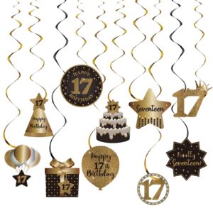 happy 17th birthday party hanging swirls streams ceiling decorations, celebration 17 foil hanging swirls with cutouts for 17 years old black and gold birthday party decorations supplies