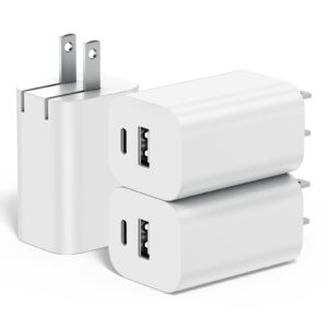 3-pack foldable dual port fast charger,20w usb-c wall charger block pd power delivery fast charging block cube plug adapter for iphone 15/14/13/12/pro max, xs/xr/x, ipad pro, samsung galaxy and more