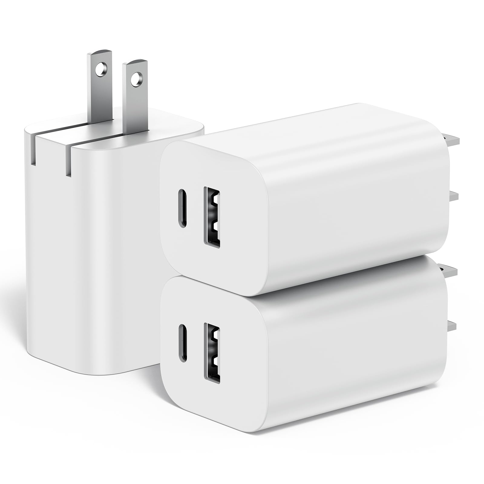 3-Pack Foldable Dual Port Fast Charger,20W USB-C Wall Charger Block PD Power Delivery Fast Charging Block Cube Plug Adapter for iPhone 15/14/13/12/Pro Max, XS/XR/X, iPad Pro, Samsung Galaxy and More