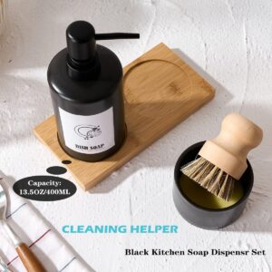 GIRLUFO Black Kitchen Soap Dispenser Set,4Pcs Dish Soap Dispenser Kitchen with Bamboo Tray and Natural Dish Brush,Modern Ceramic Hand and Dish Soap Dispenser Set,13 oz Liquid Soap Dispenser with Pump