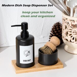 GIRLUFO Black Kitchen Soap Dispenser Set,4Pcs Dish Soap Dispenser Kitchen with Bamboo Tray and Natural Dish Brush,Modern Ceramic Hand and Dish Soap Dispenser Set,13 oz Liquid Soap Dispenser with Pump