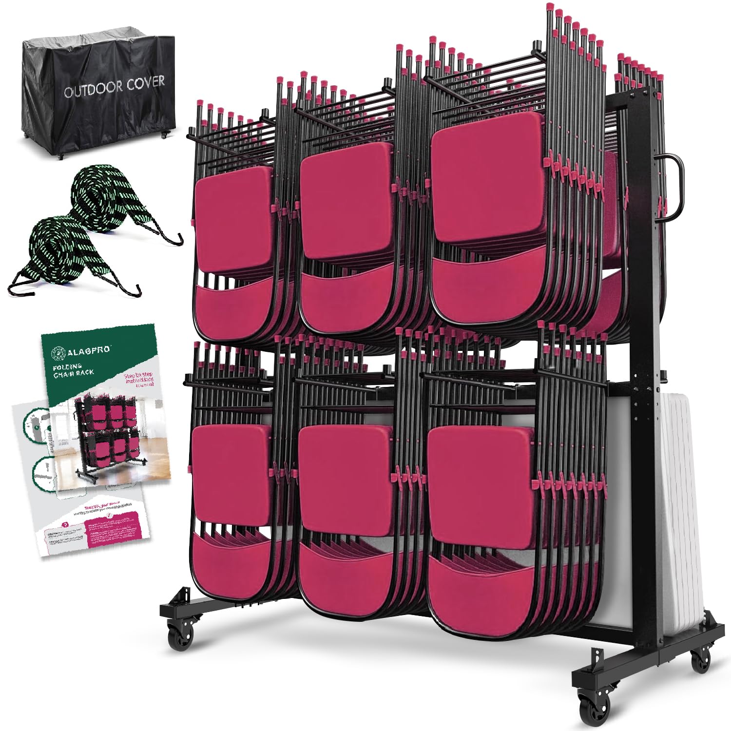 Folding Chair Rack - Folding Chair Cart | Folding Chair Storage Rack on Wheels - Foldable Chair Holder and Table - Heavy Duty Chair Dolly | Mobile Trolley with 84 Chairs Capacity & Outdoor Cover