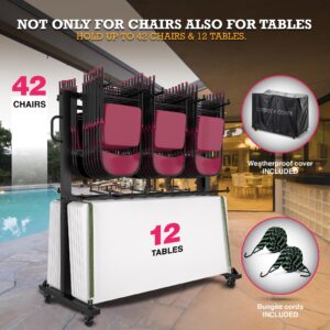 Folding Chair Rack - Folding Chair Cart | Folding Chair Storage Rack on Wheels - Foldable Chair Holder and Table - Heavy Duty Chair Dolly | Mobile Trolley with 84 Chairs Capacity & Outdoor Cover