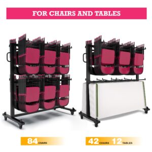 Folding Chair Rack - Folding Chair Cart | Folding Chair Storage Rack on Wheels - Foldable Chair Holder and Table - Heavy Duty Chair Dolly | Mobile Trolley with 84 Chairs Capacity & Outdoor Cover