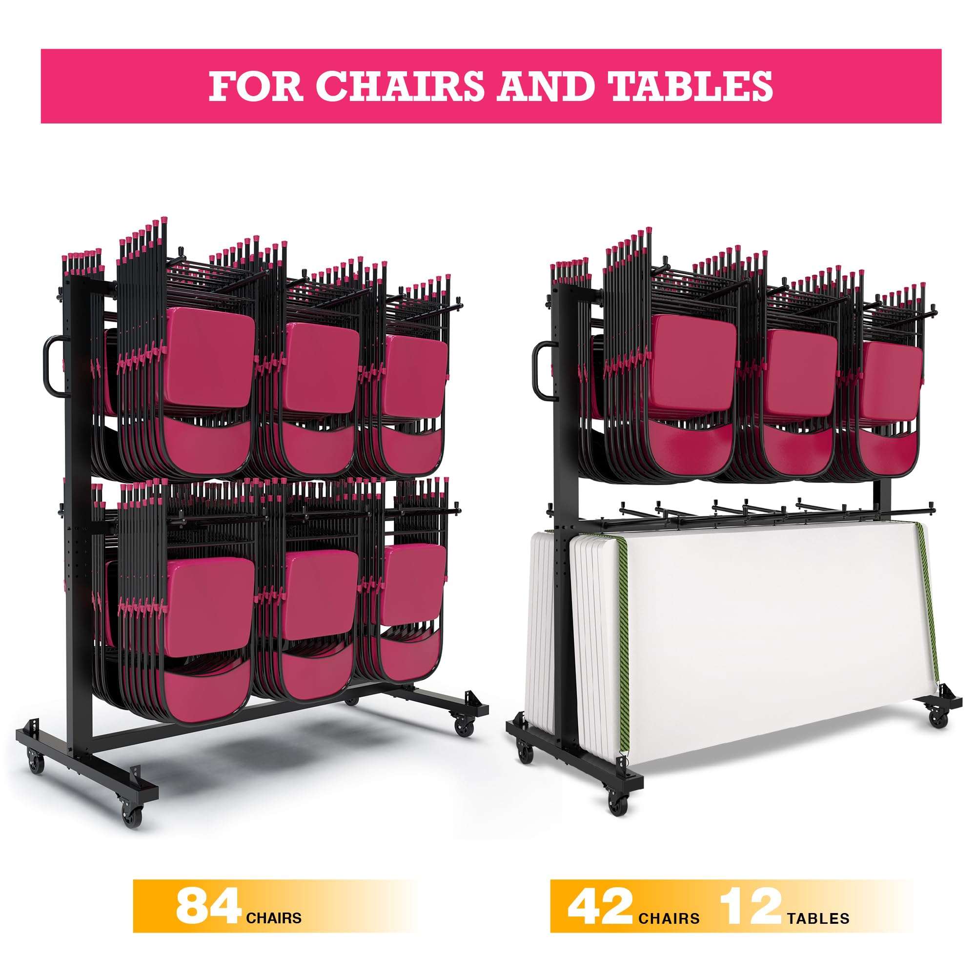 Folding Chair Rack - Folding Chair Cart | Folding Chair Storage Rack on Wheels - Foldable Chair Holder and Table - Heavy Duty Chair Dolly | Mobile Trolley with 84 Chairs Capacity & Outdoor Cover