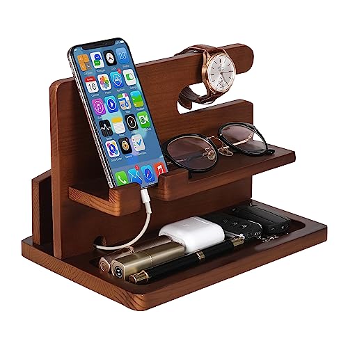 Wood Phone Docking Station Gifts for Men, Bedside Organizer Charger Holder for Nightstand, Watch Key Holder Wallet Stand for Husband Dad Boyfriend Anniversary Birthday Gift, Brown