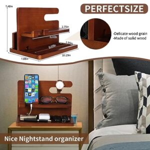 Wood Phone Docking Station Gifts for Men, Bedside Organizer Charger Holder for Nightstand, Watch Key Holder Wallet Stand for Husband Dad Boyfriend Anniversary Birthday Gift, Brown