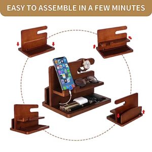 Wood Phone Docking Station Gifts for Men, Bedside Organizer Charger Holder for Nightstand, Watch Key Holder Wallet Stand for Husband Dad Boyfriend Anniversary Birthday Gift, Brown