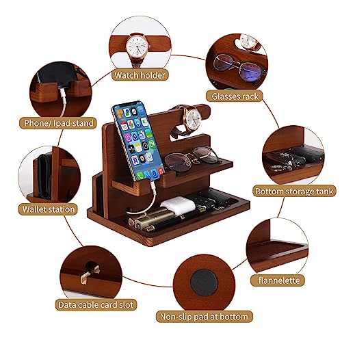 Wood Phone Docking Station Gifts for Men, Bedside Organizer Charger Holder for Nightstand, Watch Key Holder Wallet Stand for Husband Dad Boyfriend Anniversary Birthday Gift, Brown