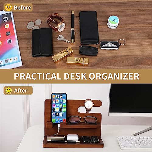 Wood Phone Docking Station Gifts for Men, Bedside Organizer Charger Holder for Nightstand, Watch Key Holder Wallet Stand for Husband Dad Boyfriend Anniversary Birthday Gift, Brown