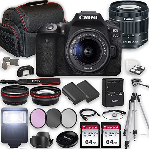 Canon EOS 90D DSLR Camera w/EF-S 18-55mm f/4-5.6 is STM Lens + 2X 64GB Memory + Case + Filters + Tripod + More (35pc Bundle)