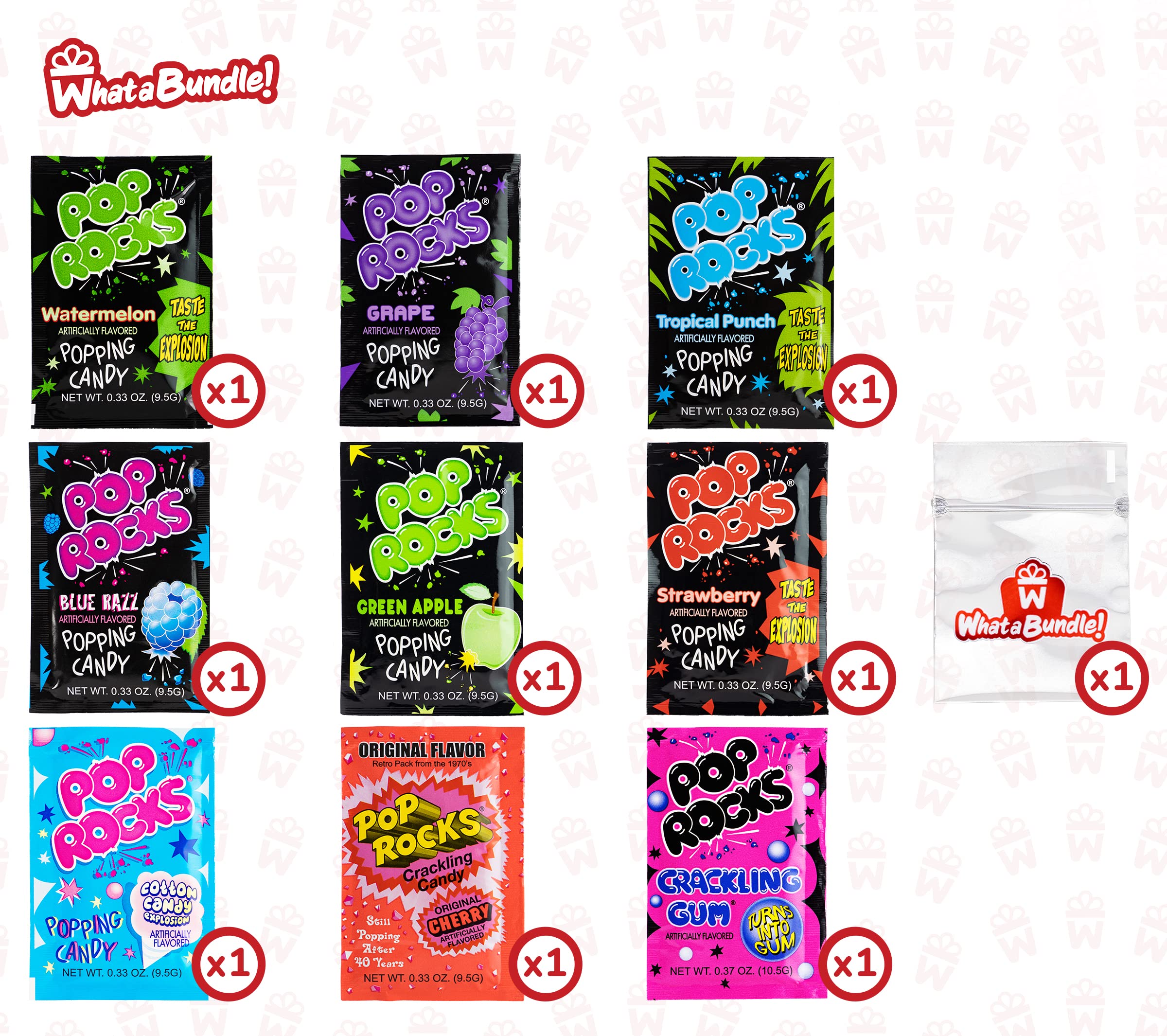Pop Rocks Candy Variety Pack (9 Pack - 1 of All 9 Flavors) - Nostalgic 90s Old School Popping Candy for Parties - Bundle with WhataBundle! Pocket Bag