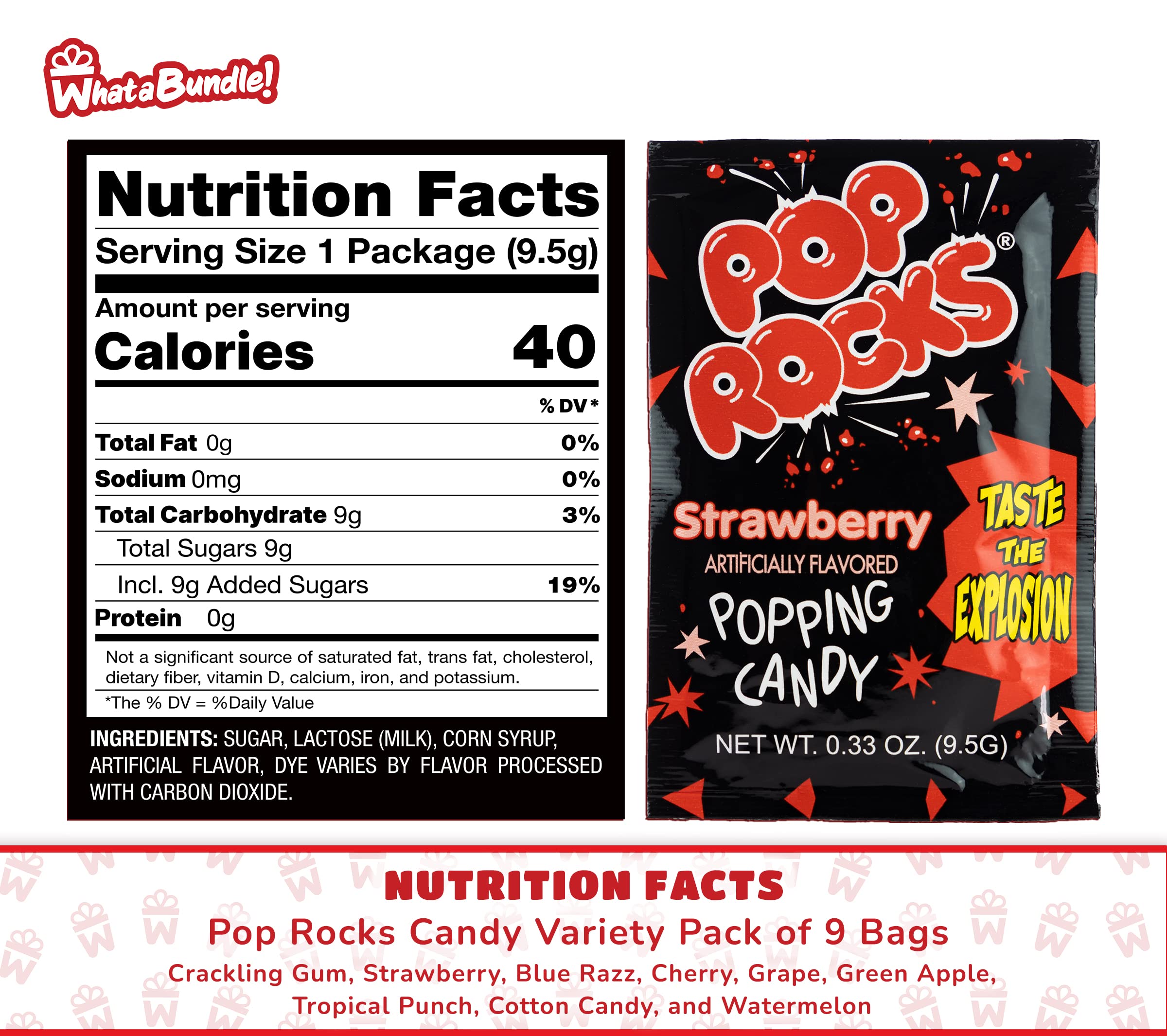 Pop Rocks Candy Variety Pack (9 Pack - 1 of All 9 Flavors) - Nostalgic 90s Old School Popping Candy for Parties - Bundle with WhataBundle! Pocket Bag