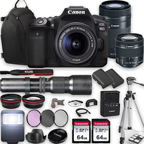 Canon EOS 90D DSLR Camera w/EF-S 18-55mm f/4-5.6 is STM Lens + EF-S 55-250mm f/4-5.6 is STM Lens + 500mm f/8 Focus Lens + 2X 64GB Memory + Case + Filters + Tripod + More (35pc Bundle)