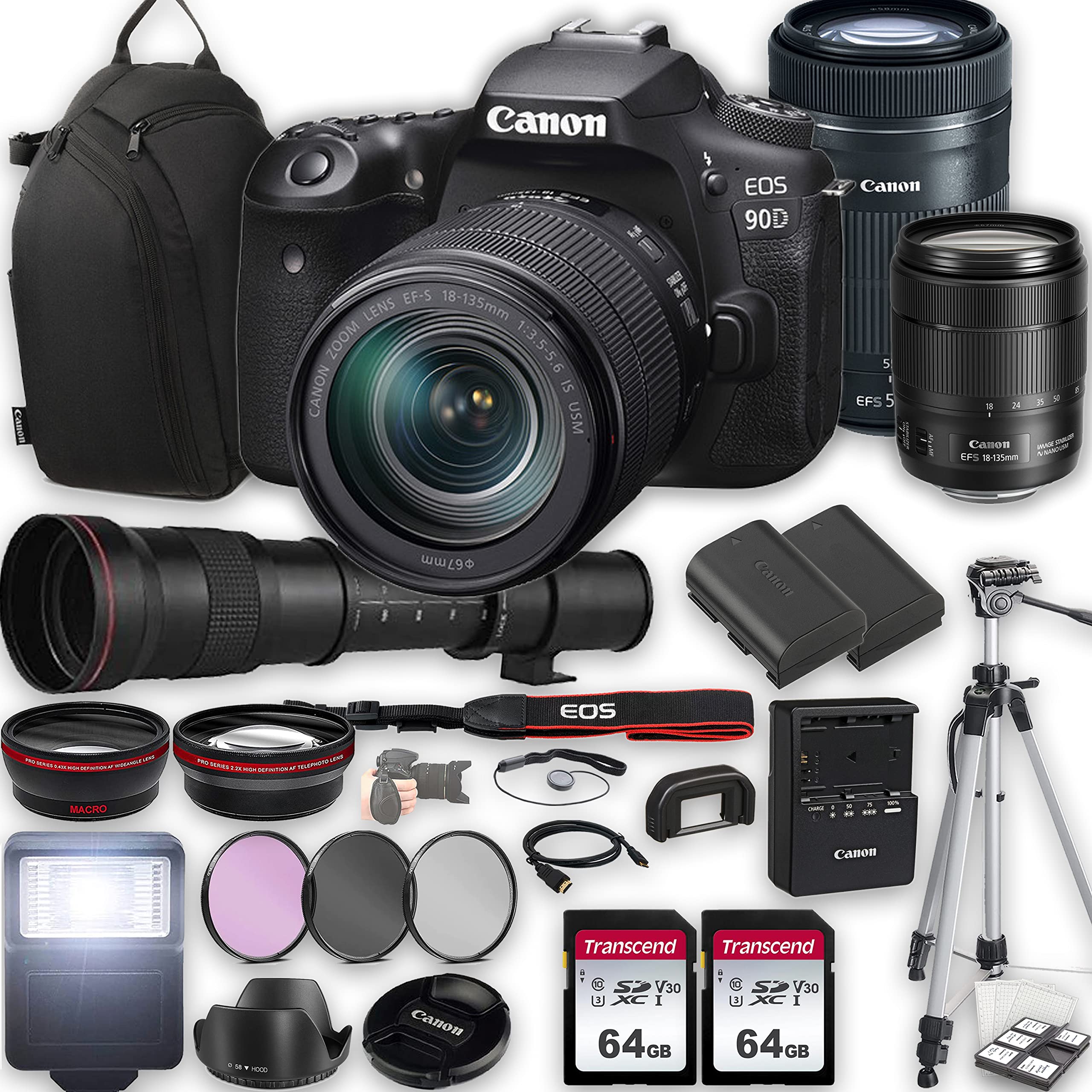 Canon EOS 90D DSLR Camera w/EF-S 18-135mm f/3.5-5.6 is USM Lens + EF-S 55-250mm f/4-5.6 is STM Lens + 420-800mm f/8.3 HD Lens + 2X 64GB Memory + Case + Filters + Tripod + More (35pc Bundle)