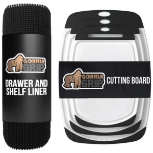 gorilla grip drawer and shelf liner and durable kitchen cutting board, shelf liner size 17.5 in x 10 ft, strong grip, cutting board set of 3, nonslip handle and border, both in black, 2 item bundle