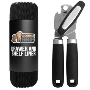 gorilla grip drawer and shelf liner and manual hand held can opener, shelf liner size 12 in x 20 ft, strong grip, large lid openers for kitchen, both in black, 2 item bundle
