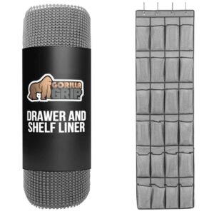 gorilla grip drawer and shelf liner and over the door shoe organizer, shelf liner size 17.5 in x 10 ft, strong grip, shoe holder size 24 mesh pocket, nonslip holder, both in gray, 2 item bundle