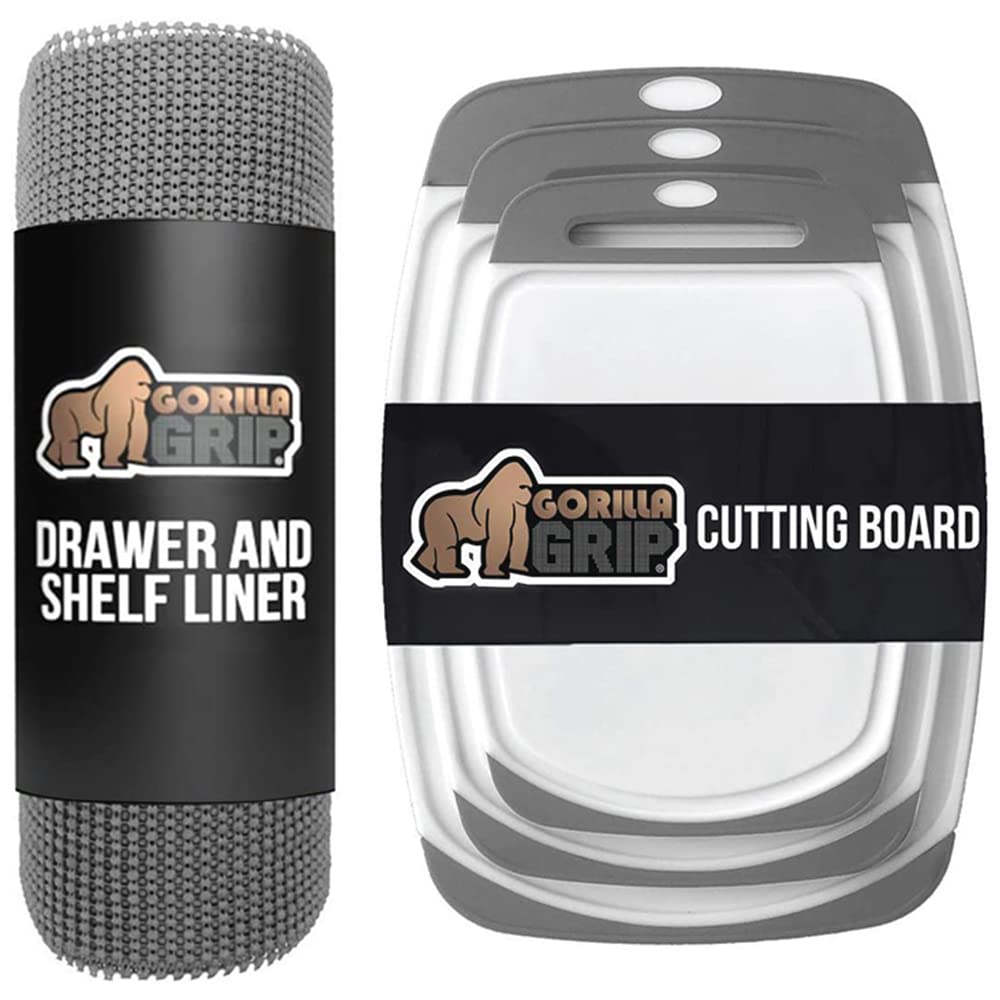 Gorilla Grip Drawer and Shelf Liner and Durable Kitchen Cutting Board, Shelf Liner Size 17.5 in x 10 FT, Strong Grip, Cutting Board Set of 3, Nonslip Handle and Border, Both in Gray, 2 Item Bundle