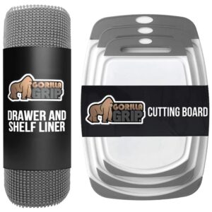 gorilla grip drawer and shelf liner and durable kitchen cutting board, shelf liner size 12 in x 20 ft, strong grip, cutting board set of 3, nonslip handle and border, both in gray, 2 item bundle